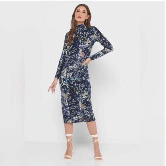 Ted Baker Dress Choliee Bodycon Midi High Neck Long Sleeve Floral Blue 3 Medium - Picture 1 of 11